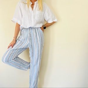Guess Light Blue and White Striped Linen Trousers